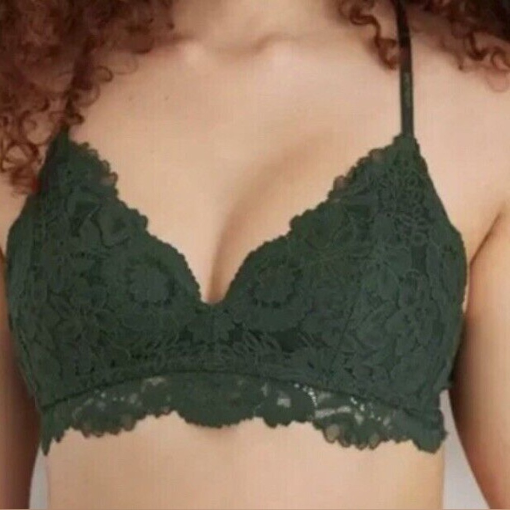 Aerie Real Happy Wireless J-Hook Green Lace Bra Size 34D